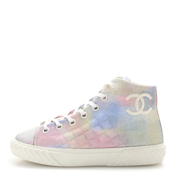 CHANEL Printed Fabric Quilted High Top Sneakers 37 Green Pink Blue White