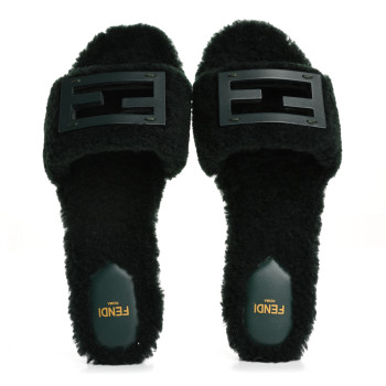 FENDI Shearling FF Baguette Slide Sandals  37 Salvia Green