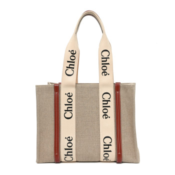 CHLOE Linen Calfskin Medium Woody Ribbon Tote White Brown