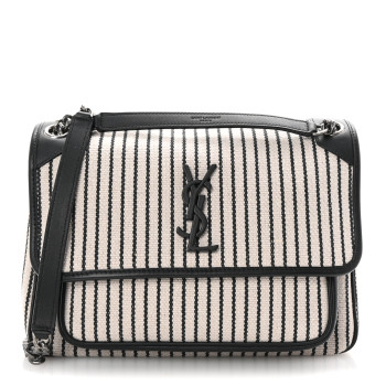 SAINT LAURENT Cotton Canvas Striped Vintage Calfskin Monogram Medium Niki Chain Satchel Grey Cream Black