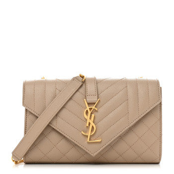 SAINT LAURENT Grain De Poudre Textured Mixed Matelasse Triquilt Small Monogram Satchel Dark Beige