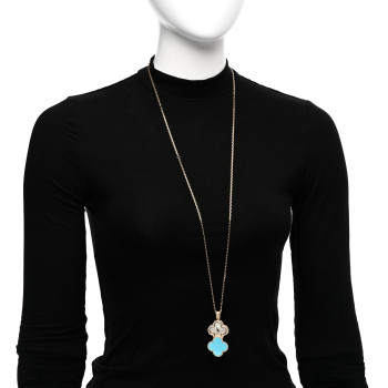 VAN CLEEF & ARPELS 18K Yellow Gold Diamond Turquoise Mother of Pearl 28mm Alhambra Secret Pendant Quartz Watch