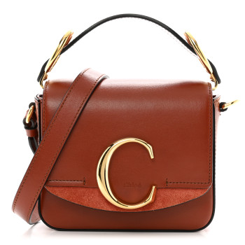 CHLOE Shiny Calfskin Suede Mini C Bag Sepia Brown