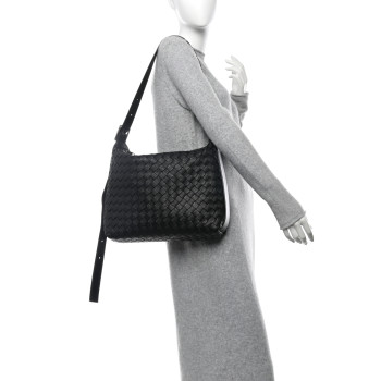 BOTTEGA VENETA Deerskin Intrecciato Small Traveler Hobo Black