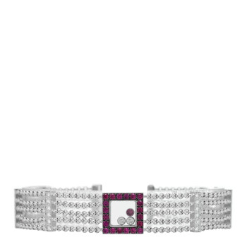 CHOPARD 18K White Gold Diamond Ruby Happy Diamonds Curve Bracelet