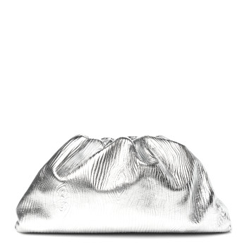 BOTTEGA VENETA Metallic Bark Calfskin Embossed The Pouch Oversized Clutch Silver