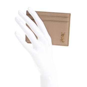 SAINT LAURENT Calfskin Tiny Cassandre Credit Card Case Dark Beige