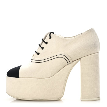 CHANEL Canvas Lace Up Oxford Pumps 38 White Black