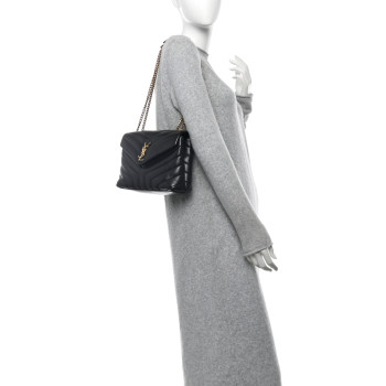 SAINT LAURENT Calfskin Y Quilted Monogram Small Loulou Chain Satchel Black