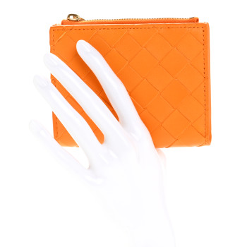 BOTTEGA VENETA Nappa Intrecciato Small Bi-Fold Zip Wallet Tangerine