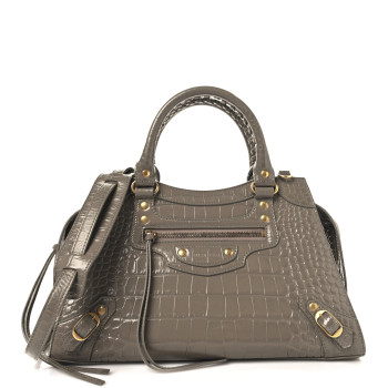 BALENCIAGA Shiny Supple Calfskin Crocodile Embossed Neo Classic Gold Hardware S City Mink Grey