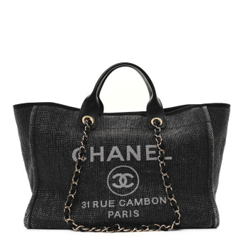 CHANEL Woven Straw Raffia Large Deauville Tote Black