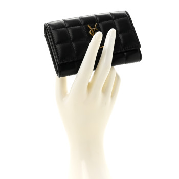 SAINT LAURENT Goatskin Carre Quilted Cassandre Compact Envelope Card Case Black