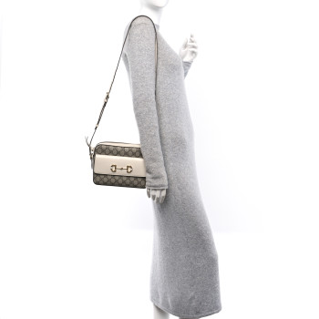 GUCCI GG Supreme Monogram Small Horsebit 1955 Shoulder Bag Beige Mystic White
