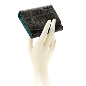 FENDI Vitello Elite Zucca Compact Wallet Tobacco Turquoise