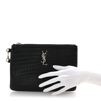 SAINT LAURENT Calfskin Crocodile Embossed Monogram Zip Pouch Black