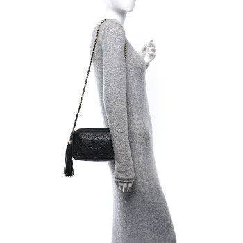 CHANEL Lambskin Quilted CC Tassel Camera Case Black