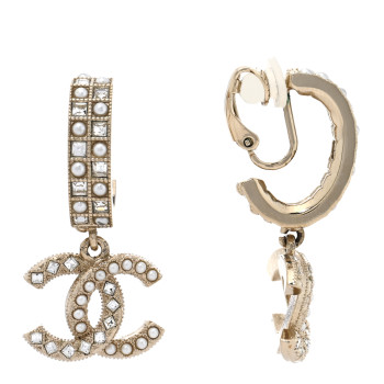 CHANEL Crystal Pearl CC Drop Clip On Earrings Gold