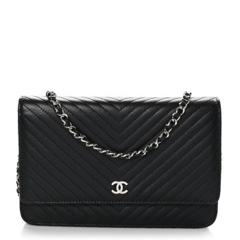 CHANEL Caviar Chevron Quilted Wallet On Chain WOC Black