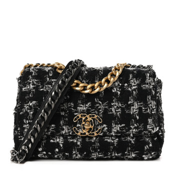 CHANEL Tweed Quilted Medium Chanel 19 Flap Black Silver Ecru