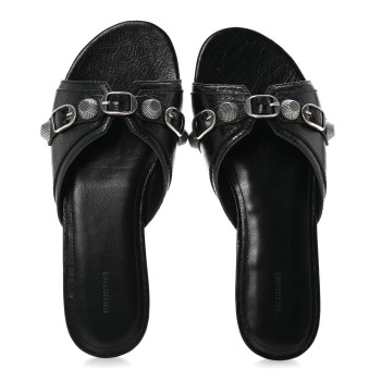 BALENCIAGA Agneau Arena Cagole Flat Slide Sandals 39 Black