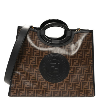 FENDI Glazed Fabric Vitello Century Plexiglass FF 1974 Stamp Patch Medium Runaway Shopper Tote Mogano Panna Black