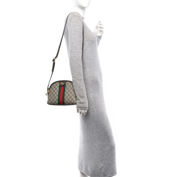 GUCCI GG Supreme Monogram Textured Dollar Calfskin Web Small Ophidia Dome Shoulder Bag Beige Ebony New Acero