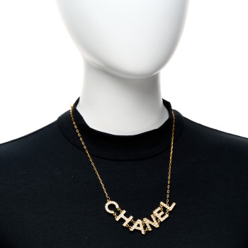 CHANEL Metal Crystal 90's Icon Logo Necklace Gold