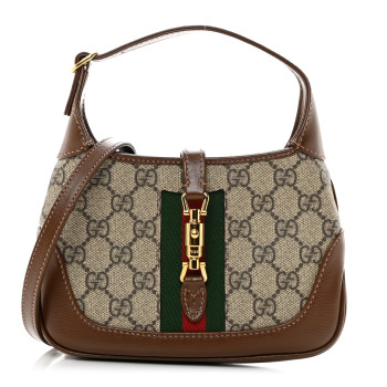 GUCCI GG Supreme Monogram Azalea Calfskin Web Mini Jackie 1961 Hobo Beige Ebony Brown Sugar