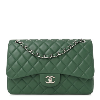 CHANEL Lambskin Quilted Jumbo Double Flap Green
