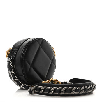 CHANEL Shiny Goatskin Quilted Chanel 19 Round Clutch With Chain  Black