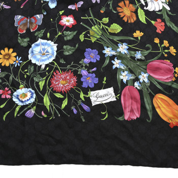 GUCCI Silk Twill Flora Beauty Square Scarf Black