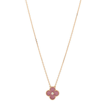 VAN CLEEF & ARPELS 18K Rose Gold Diamond Rhodonite Vintage Alhambra Pendant Necklace