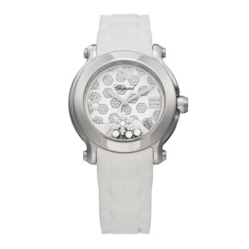CHOPARD Stainless Steel Rubber Diamond 36mm Happy Sport Snow Flake Quartz Watch White