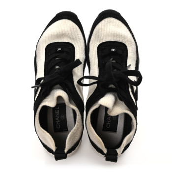CHANEL Fabric Suede Calfskin CC Sneakers 38 White Black