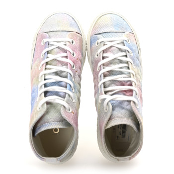 CHANEL Printed Fabric Quilted High Top Sneakers 37 Green Pink Blue White