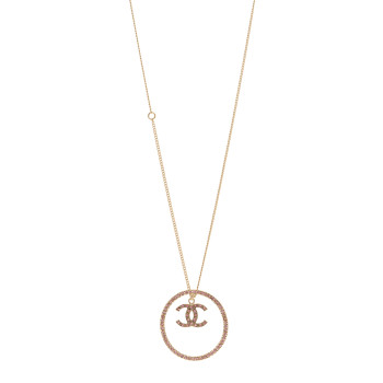 CHANEL Crystal CC Long Pendant Necklace Gold Pink