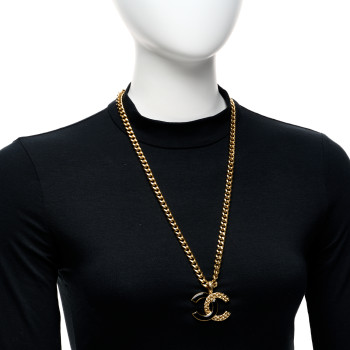 CHANEL Metal Enamel Quilted CC Chain Necklace Pendant Gold Black
