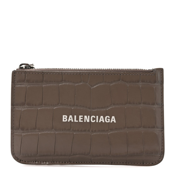 BALENCIAGA Shiny Calfskin Logo Crocodile Embossed Large Cash Long Coin Card Holder Mink Grey White