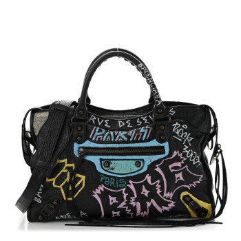 BALENCIAGA Agneau Graffiti All Over Classic Hardware City Black Multicolor