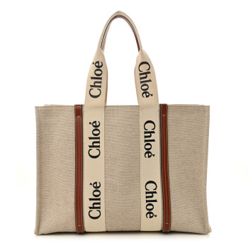 CHLOE Cotton Calfskin Large Woody Ribbon Tote White Brown