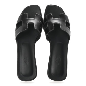 HERMES Box Calfskin Oran Sandals 39 Black