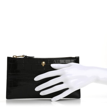 ALEXANDER MCQUEEN Calfskin Crocodile Embossed Skull Zip Wallet Card Holder Black ALEXANDER MCQUEEN Calfskin Crocodile Embossed Skull Zip Wallet Card Holder Black