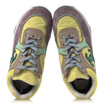 CHANEL Nylon Lambskin Calfskin Suede CC Womens Sneakers 38.5 Pink Yellow Purple