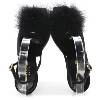 SAINT LAURENT Crepe Satin Feathered Blanco Sandals 39 Black