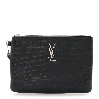 SAINT LAURENT Calfskin Crocodile Embossed Monogram Zip Pouch Black