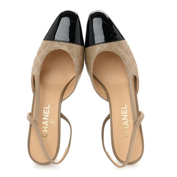 CHANEL Lambskin Patent Calfskin Quilted Cap Toe CC Slingback Pumps 40 Beige Black
