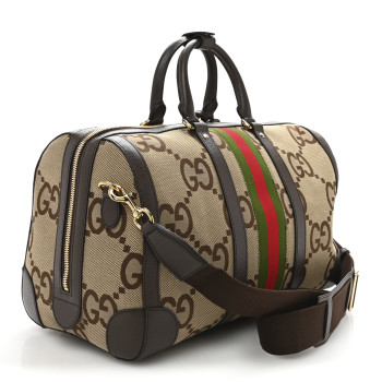 GUCCI Monogram Jumbo GG Textured Dollar Calfskin Web Medium Duffle Bag Camel Ebony