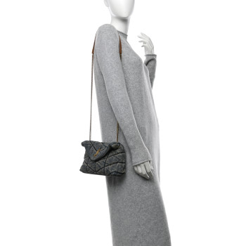 SAINT LAURENT Denim Quilted Toy Loulou Puffer Monogram Chain Satchel Blue Cinnamon