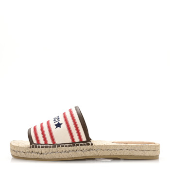 GUCCI Canvas Miro Soft Calfskin Striped Mens Espadrille Flat Slide Sandals 10 Greggio Brown Sugar